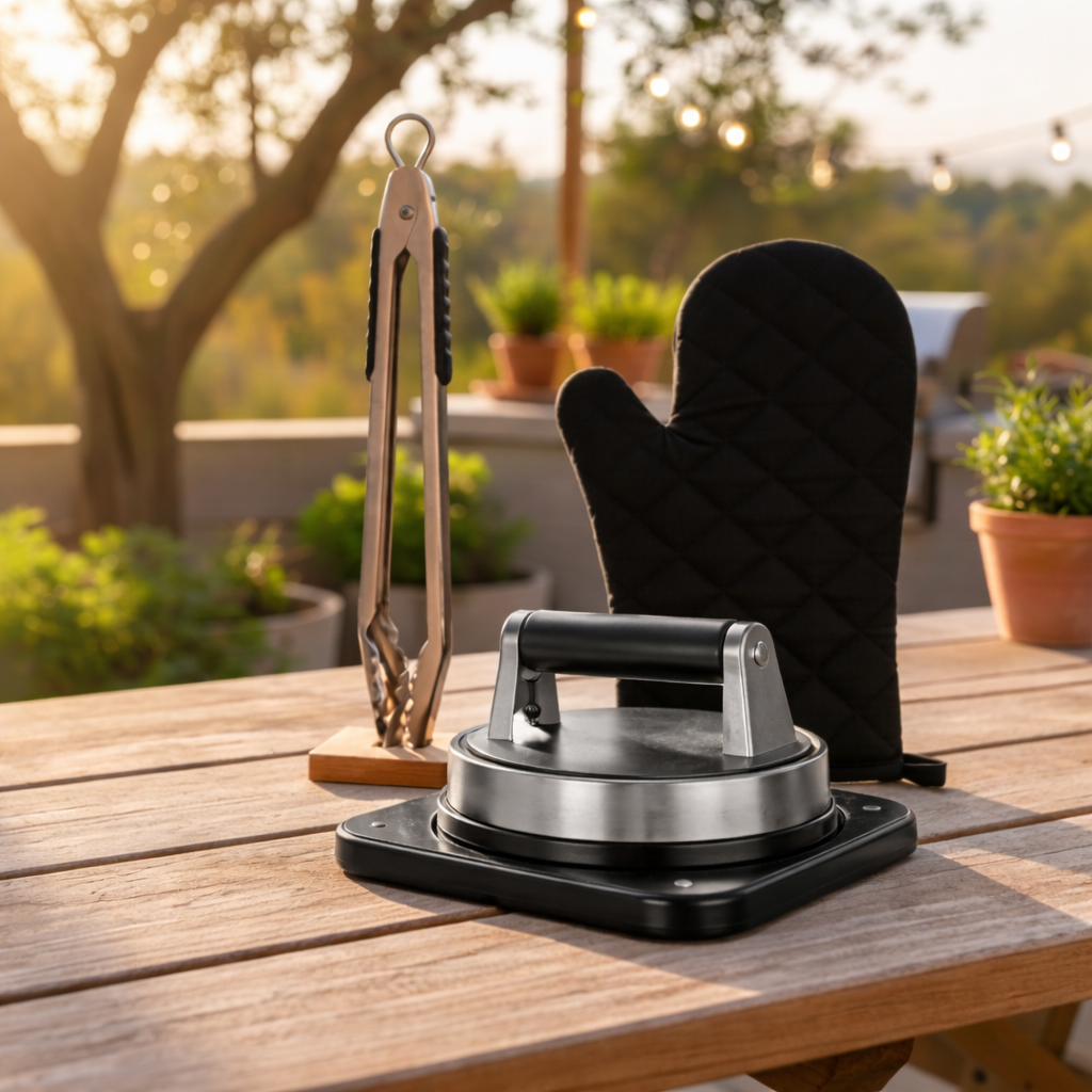Combo SmokeFree: Pinza Premium - Guante Termico + Prensa para hamburguesas / carnes